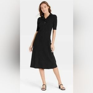 Who What Wear Short Sleeves Midi black ribbed knit collared dress Size M